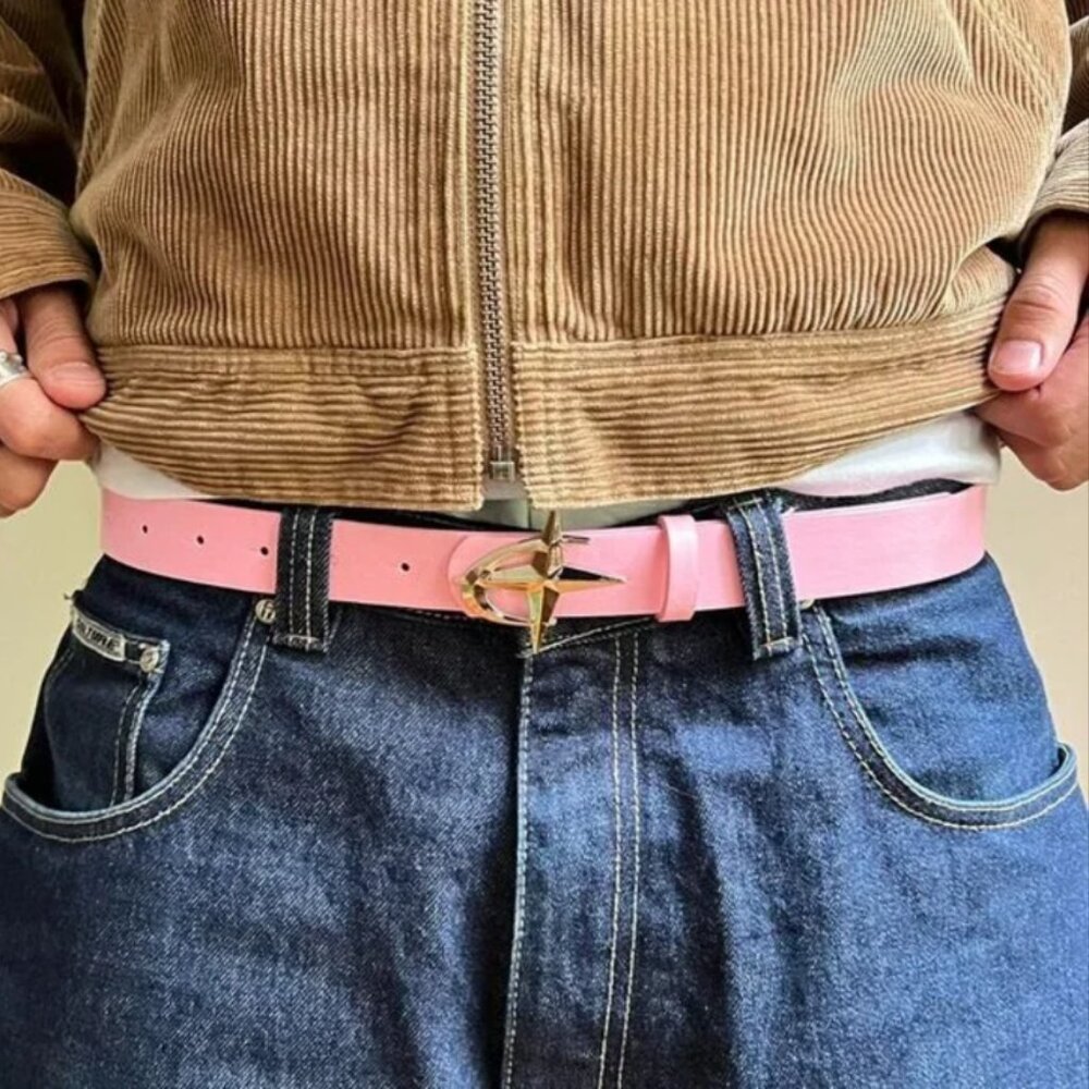 y2k 2000s chrome star futuristic emblem pink and silver slim belt